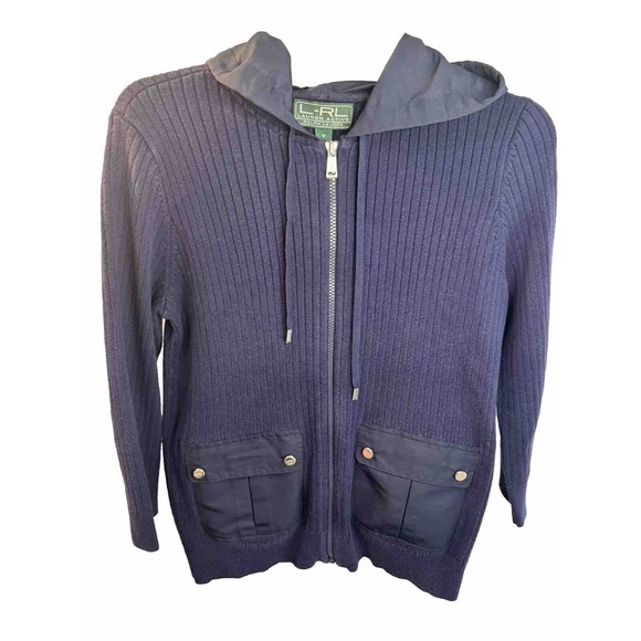 L-RL Ralph Lauren Active Womens Full Zip Ribbed Hooded Navy SweaterJacket Size M - Picture 1 of 10